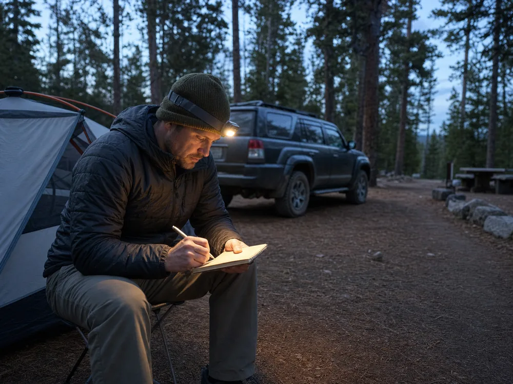Solo camper writing a condition check beside a tent and clear vehicle exit at dusk - solo camping decision checks | KnowOutdoor