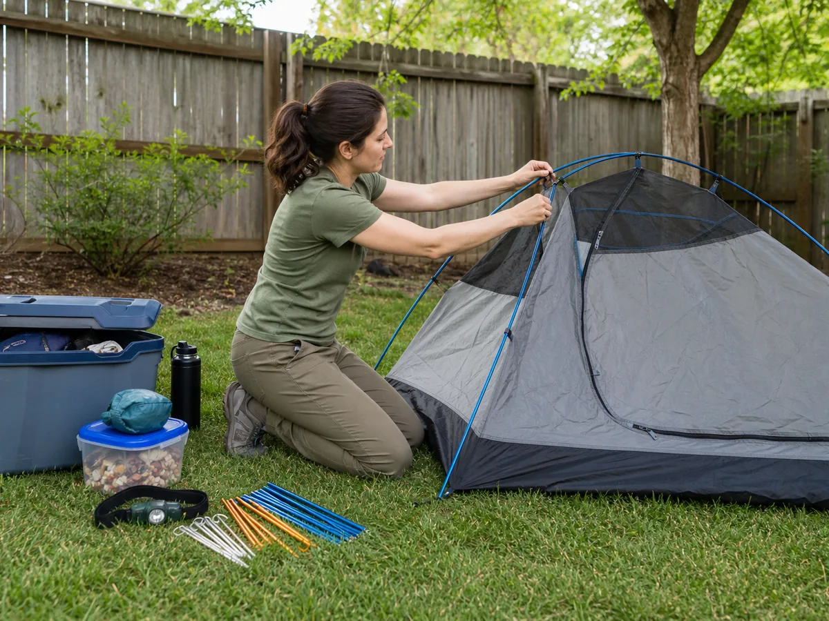 One camper rehearsing a tent setup alone with poles stakes light water and food organized nearby - one-person camp rehearsal | KnowOutdoor