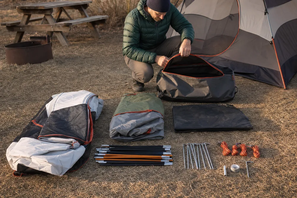 Camper checking a complete tent assembly with body, rainfly, poles, stakes, guylines, footprint, and repair parts