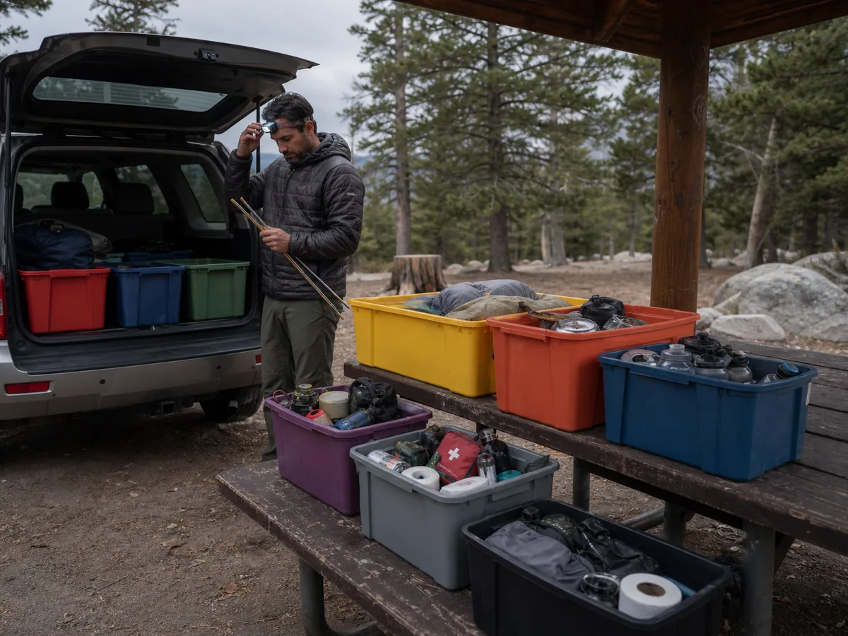 Camping equipment sorted into seven systems and marked chosen packed and tested beside labeled vehicle bins - camping pack audit | KnowOutdoor