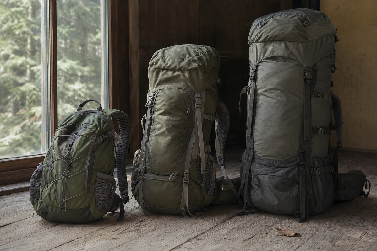 Three backpacks of different sizes standing side by side on a wood floor - Backpack capacity by trip length | KnowOutdoor