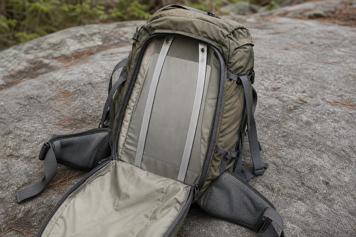 Internal frame and back panel of an open backpacking pack showing the framesheet and stays - Internal frame that transfers load to the hips | KnowOutdoor