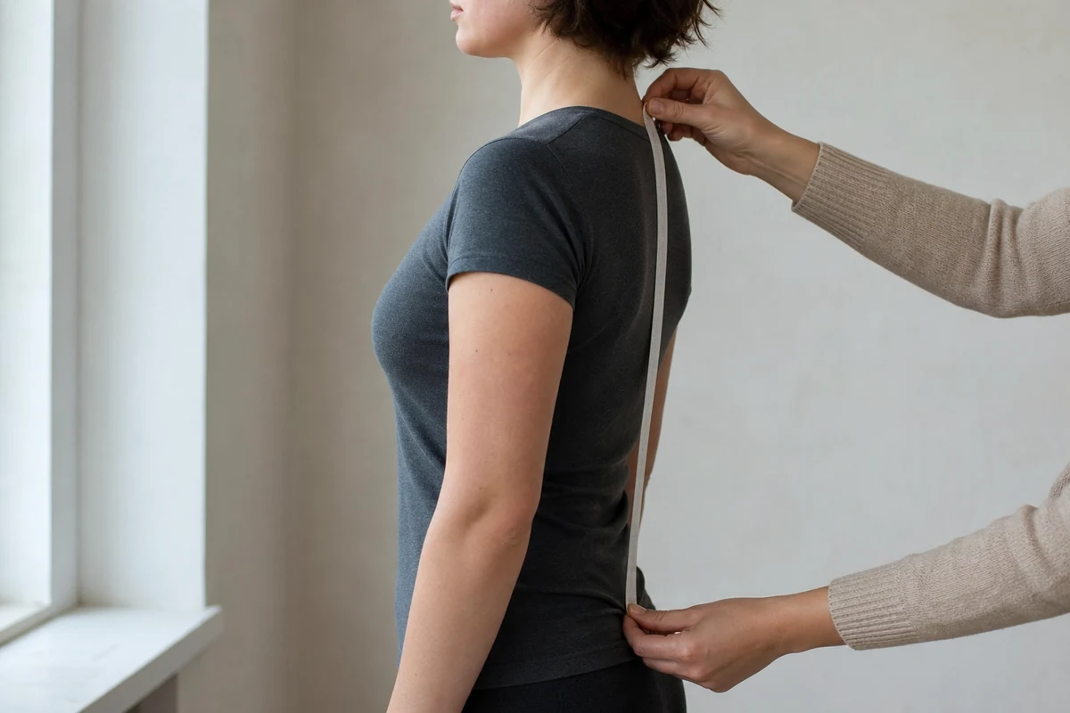 A person measuring torso length with a tape from the base of the neck to the hips - How to measure torso length for a backpack | KnowOutdoor