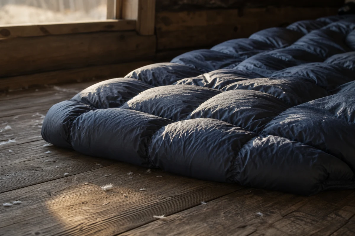 A down sleeping bag lofting to a thick even layer on a wooden cabin floor - Down fill power and loft in a sleeping bag | KnowOutdoor