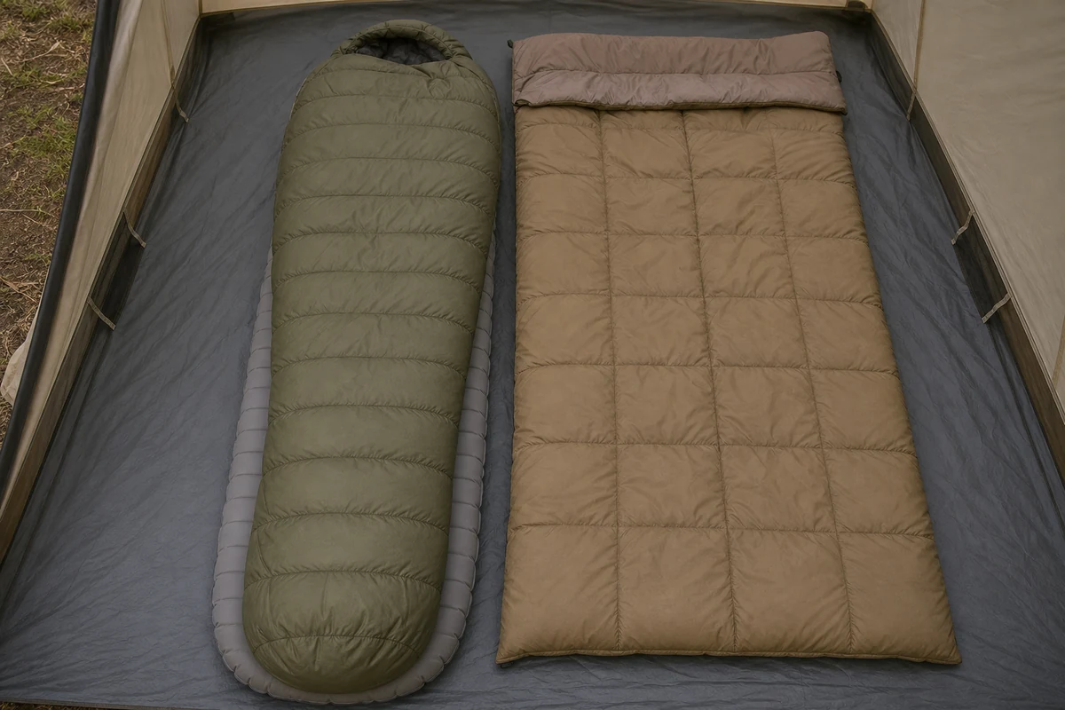 A mummy sleeping bag and a rectangular sleeping bag laid open side by side on a tent floor - Sleeping bag shapes compared for warmth and room | KnowOutdoor