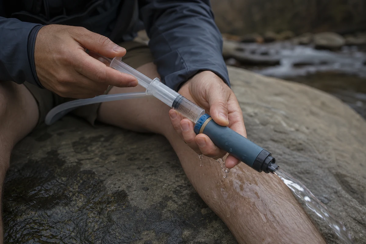 Hands backflushing a squeeze water filter with a syringe on a rock beside a stream - Field maintenance to keep a water filter working | KnowOutdoor