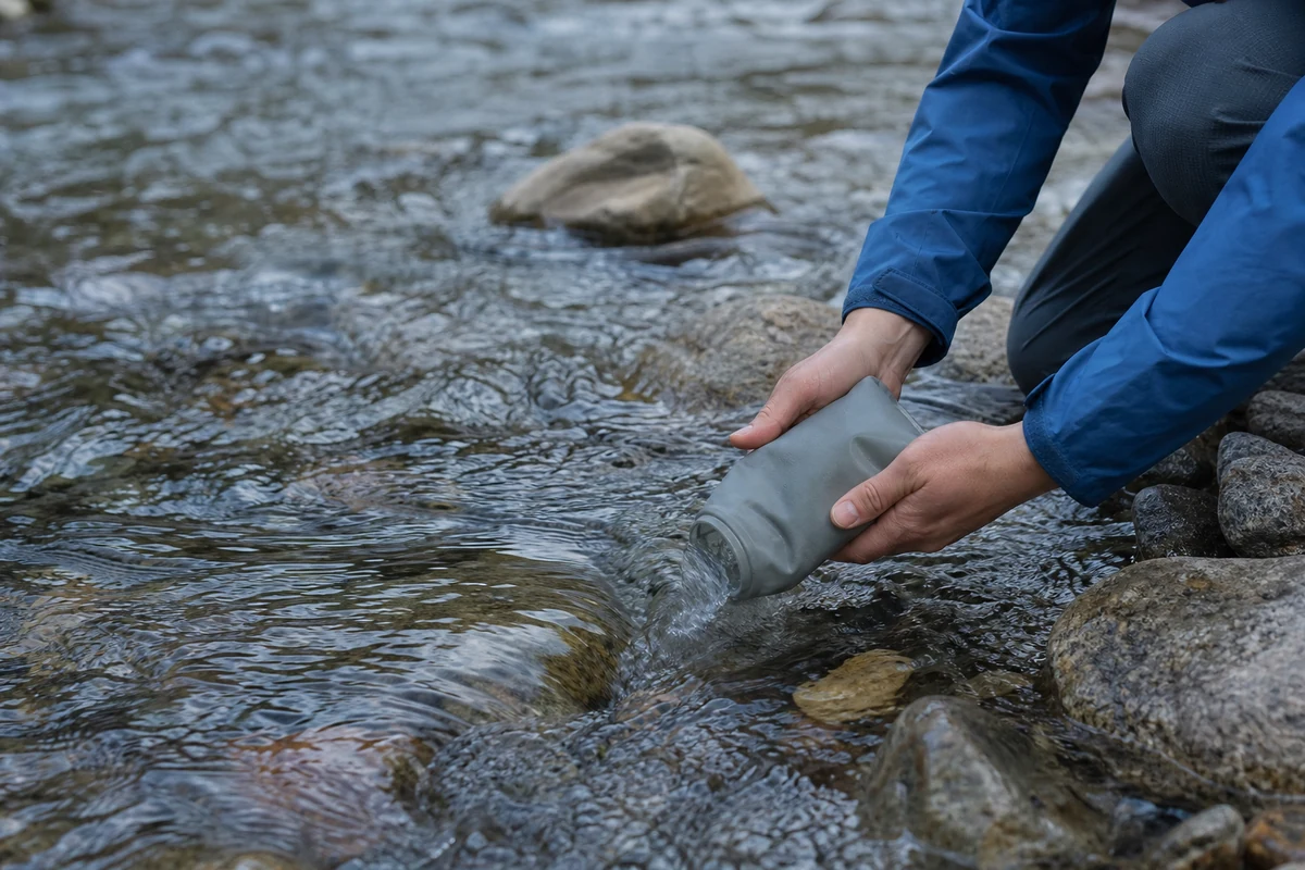 A hiker collecting clear stream water into a soft bottle at a rocky backcountry creek - Backcountry water source that still needs filtering | KnowOutdoor