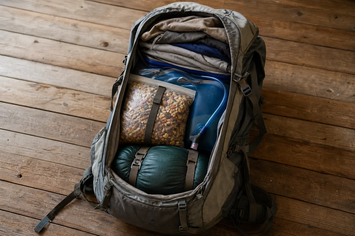 Open backpack packed with dense items against the back panel at mid-height - Backpack load placement | KnowOutdoor