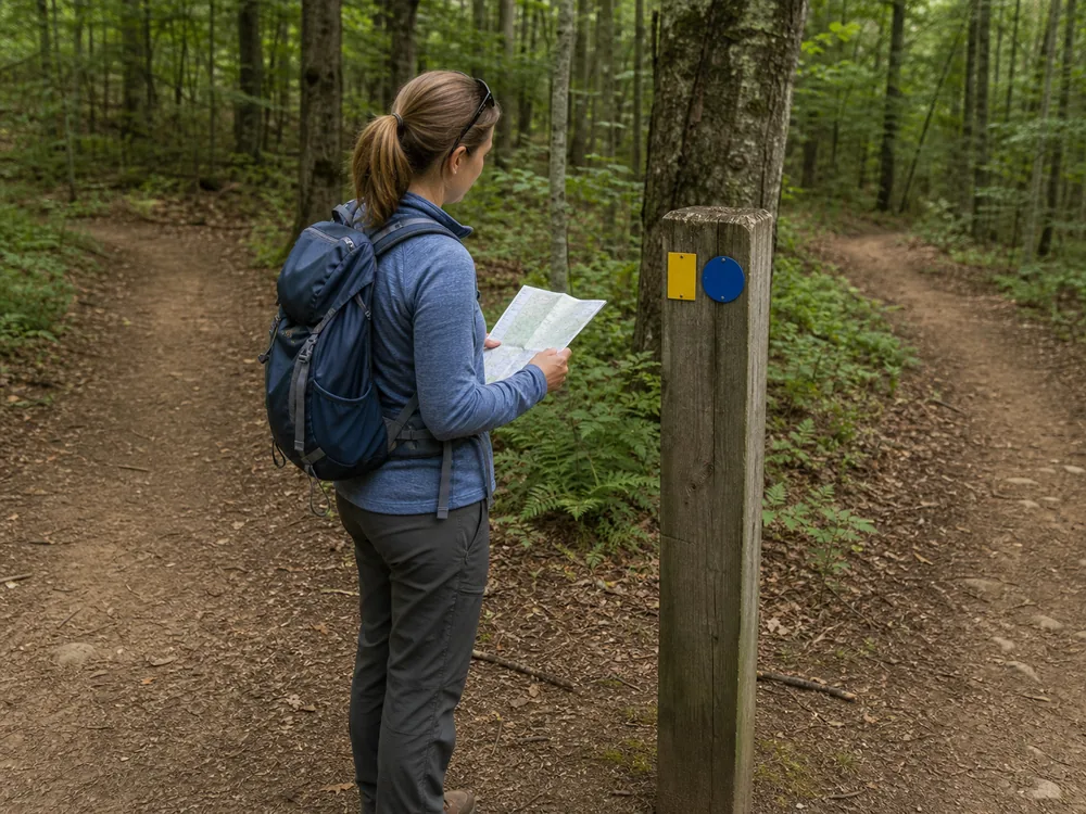 Hiker compares a paper map with two side-by-side route markers at a generic woodland junction