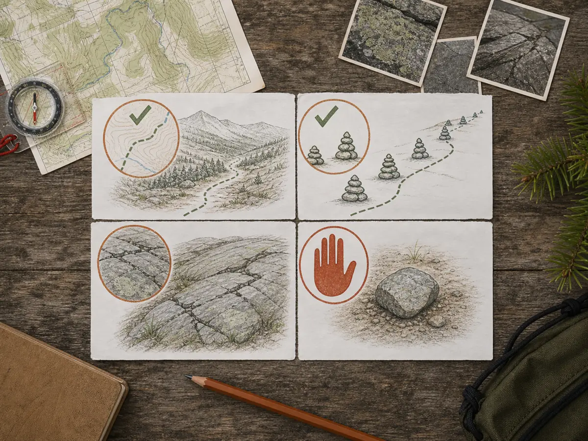 Field guide check for following an existing cairn without building or altering rock markers