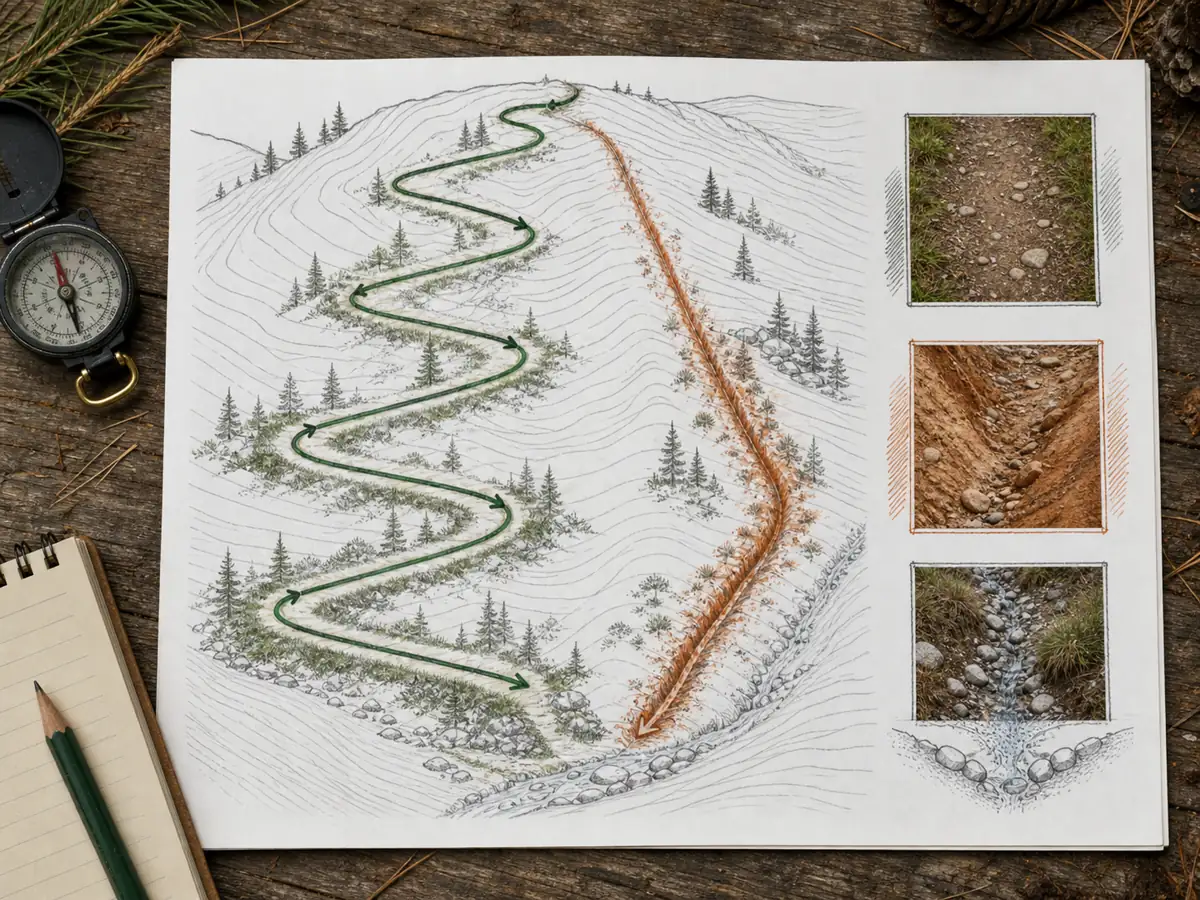 Field guide diagram comparing a maintained switchback path with a steep shortcut across the slope