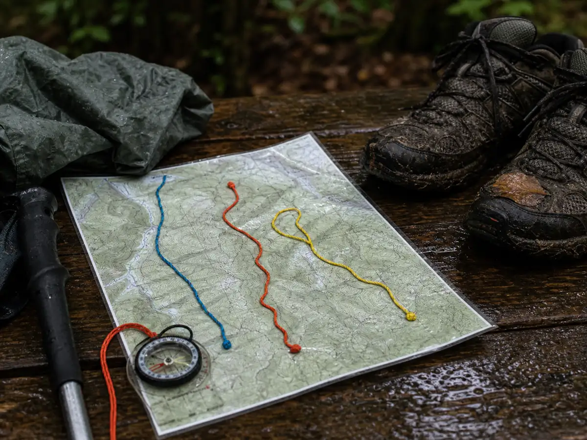 Three colored cords mark generic forest route choices beside wet hiking gear - National park day hikes | KnowOutdoor
