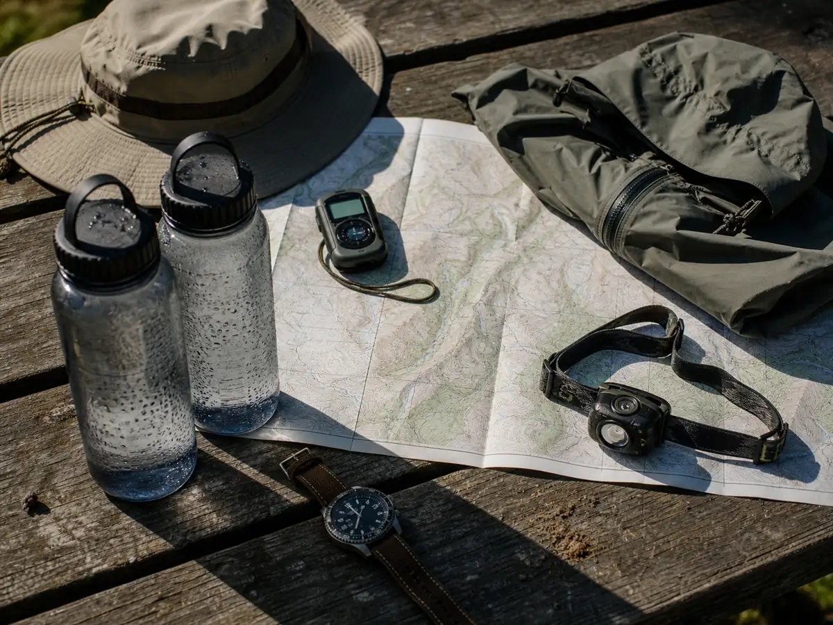Water bottles, sun hat, rain shell, map, headlamp, and watch prepared for changing trail conditions - National park day hikes | KnowOutdoor