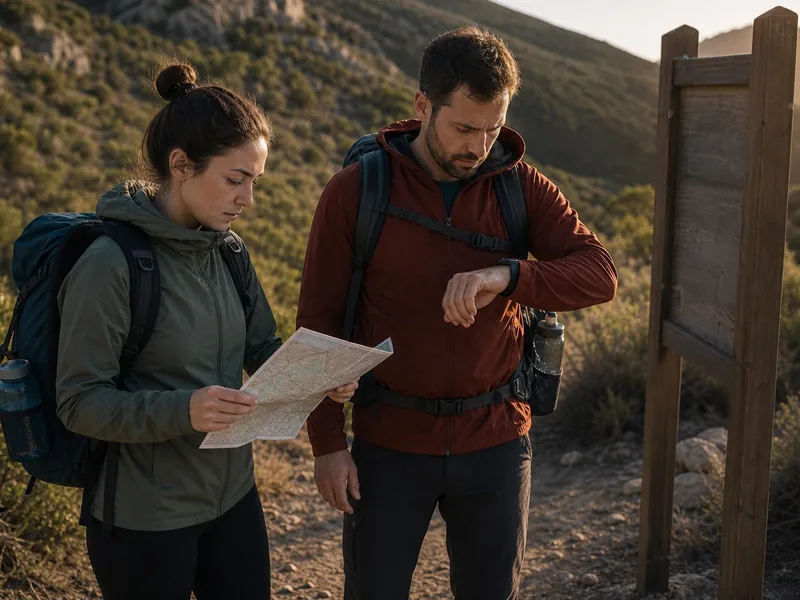 Hikers checking map and daylight near a trailhead before a late start