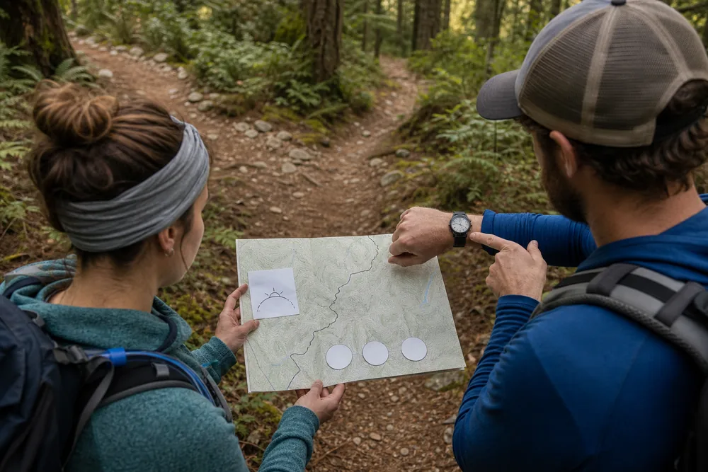 Hikers calculating a turnaround time from finish time, return estimate, and delay buffer on a paper map