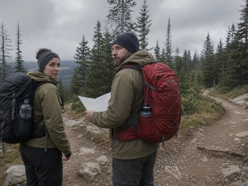 Hikers turning around near a cloudy trail junction with map in hand