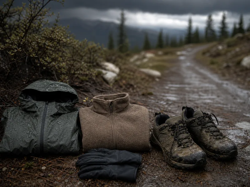 Rain shell and warm layer laid beside muddy hiking shoes