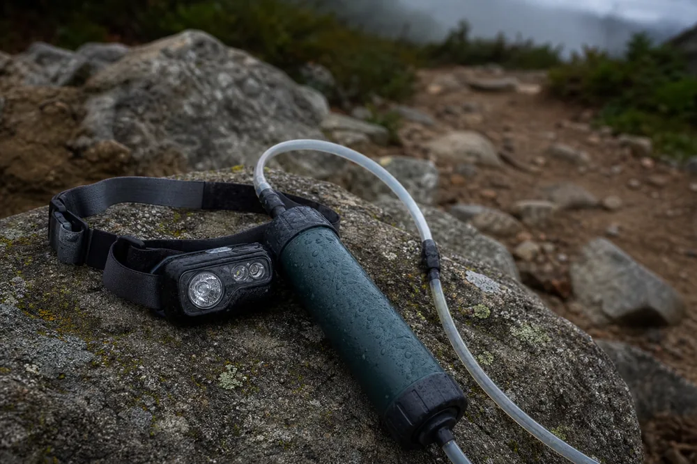 A headlamp and a hollow fibre water filter resting on a granite rock beside a trail - low cost essentials - KnowOutdoor