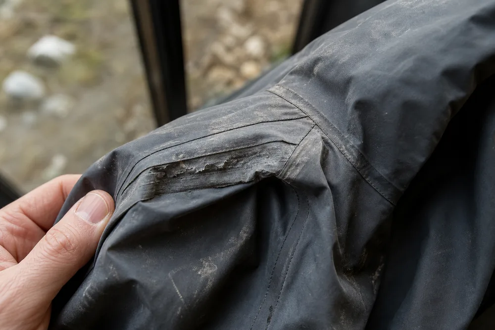 Worn rain jacket sleeve showing a lifting taped seam inside the fabric - shell build quality - KnowOutdoor