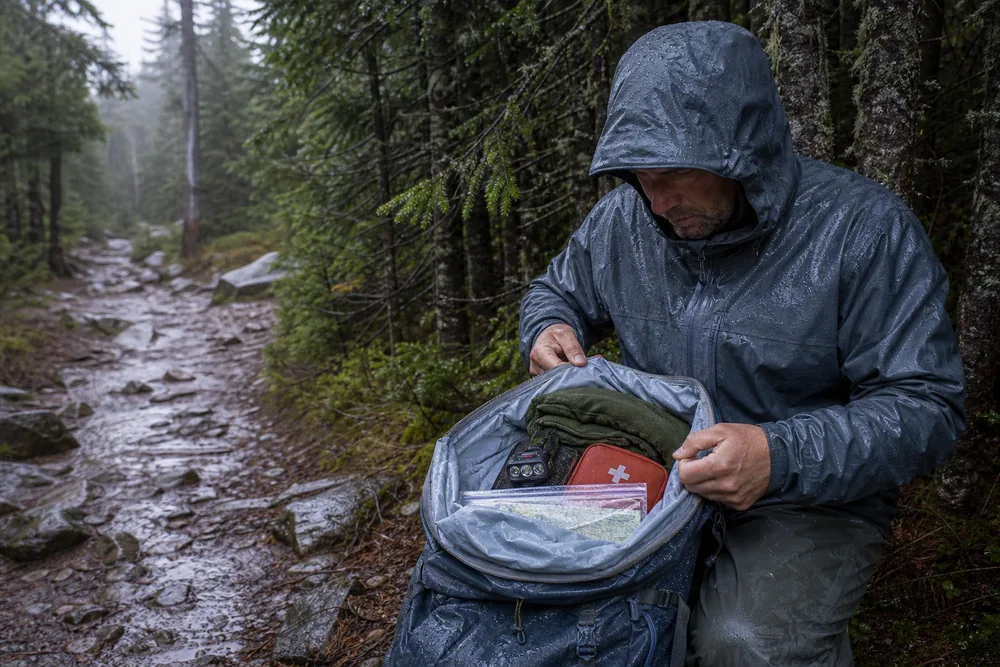 Hiker opening a lined backpack under tree cover while a sealed warm layer, map, headlamp, and first-aid kit remain protected from rain