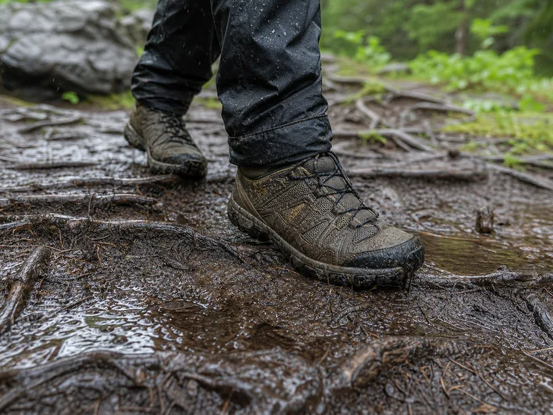 Hiking shoes stepping carefully on wet muddy trail with roots