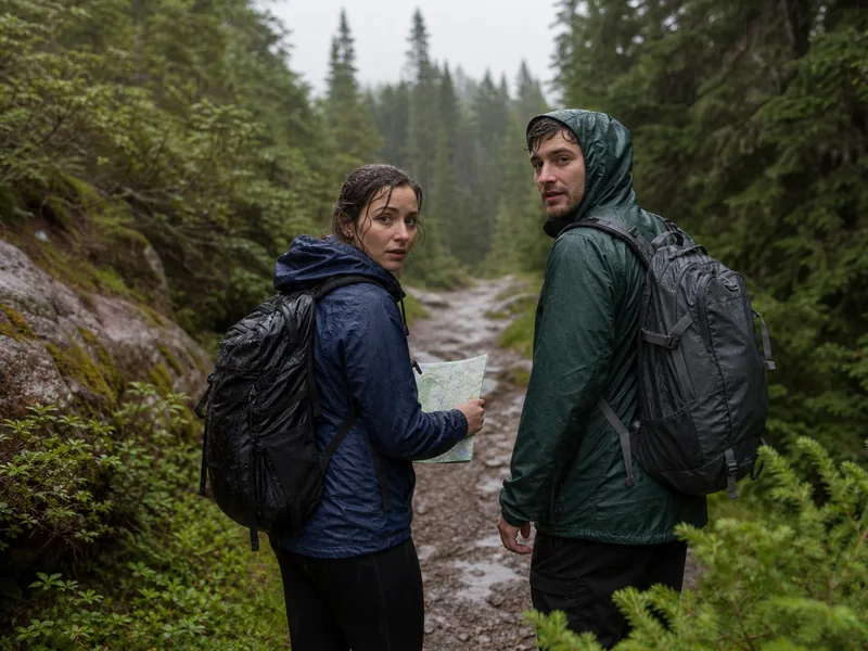 Hikers turning around on a rainy forest trail before conditions worsen
