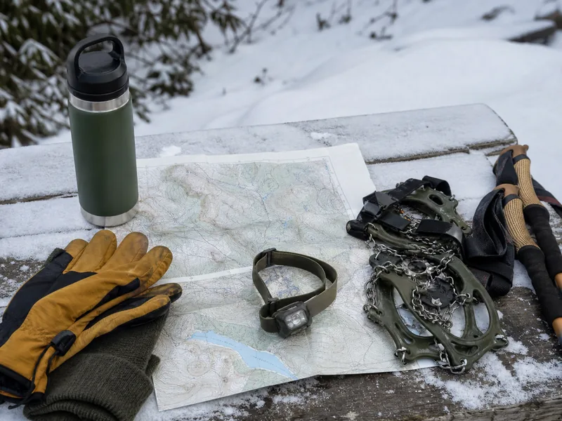 Winter hiking map, gloves, and headlamp arranged for a short daylight plan