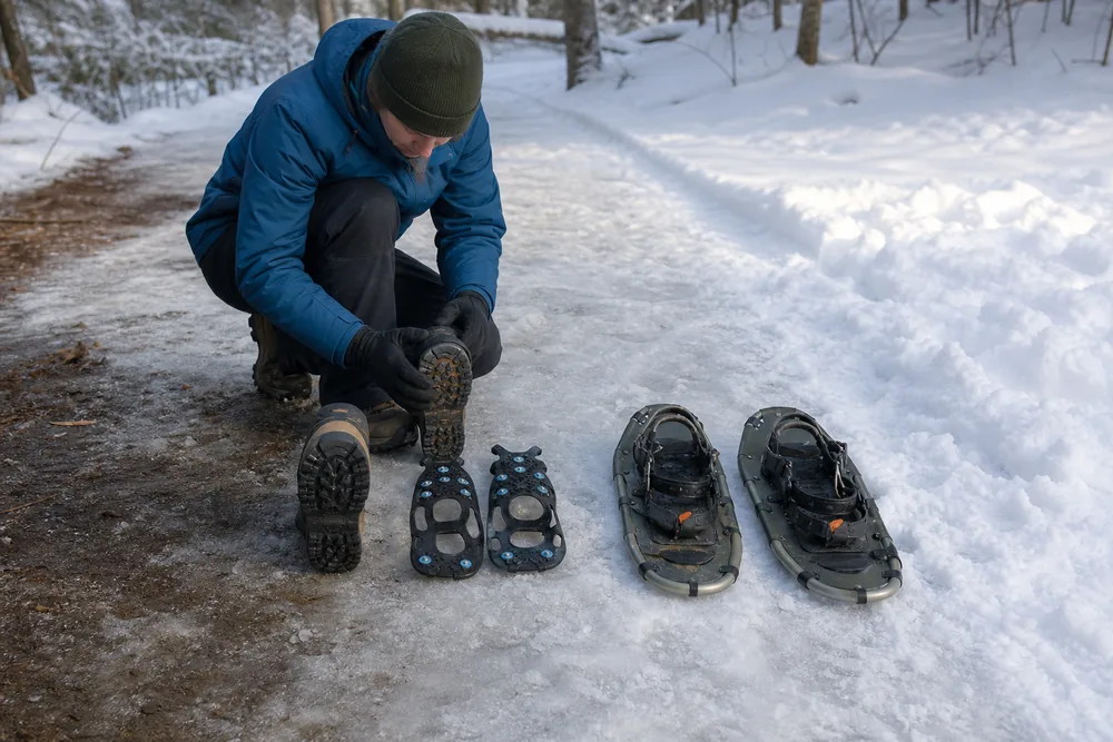 Winter hiker comparing boot tread, trail traction, and snowshoes against bare ground, packed ice, and deep snow surfaces