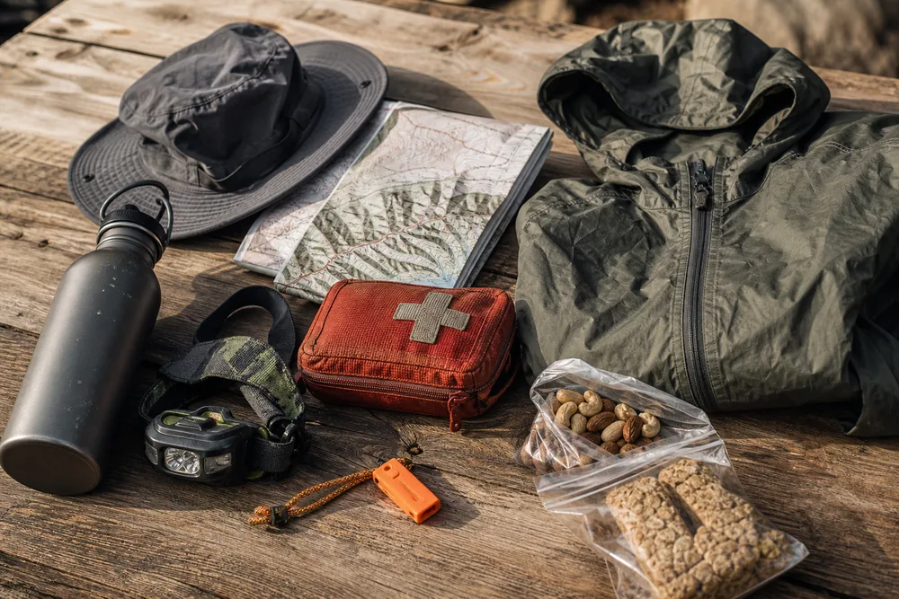 Hiking safety kit with headlamp, map, shell, water, snacks, and first aid