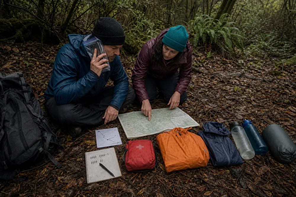 Hiker reporting coordinates, trailhead, group size, condition, weather, clothing, and supplies during an emergency call