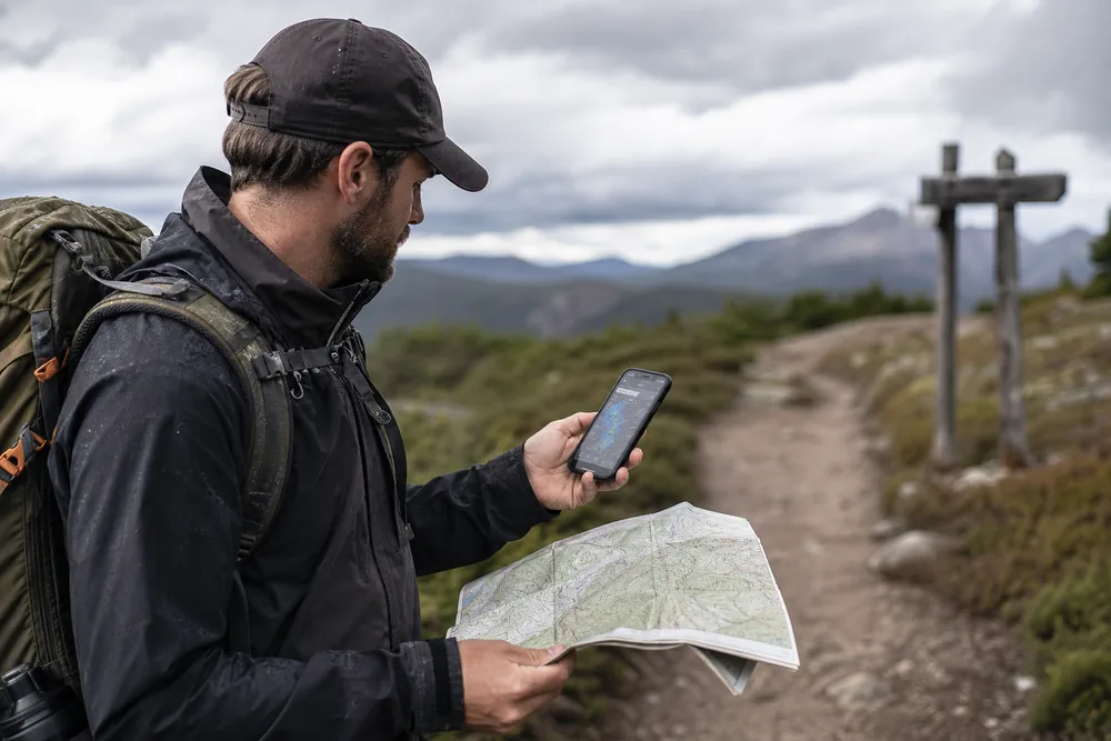 Hiker checking a trail map and weather forecast before starting