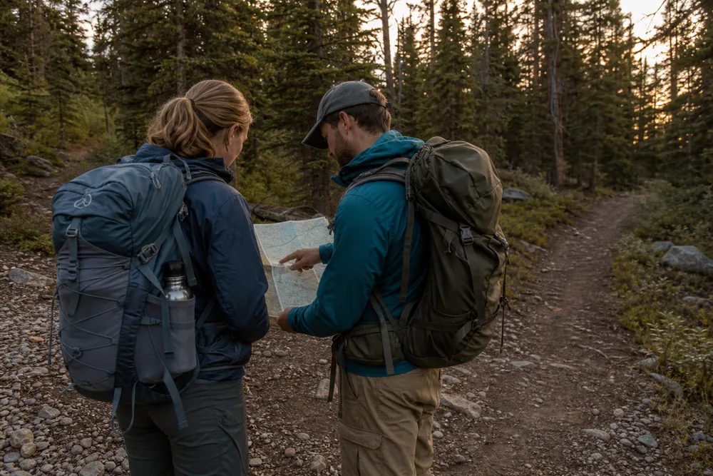 Hikers turning around at a trail junction before daylight fades