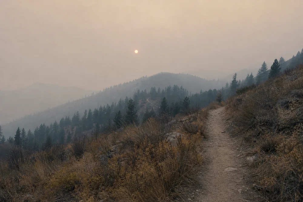 Smoke-hazed ridgeline under flattened orange light - wildfire season visibility | KnowOutdoor