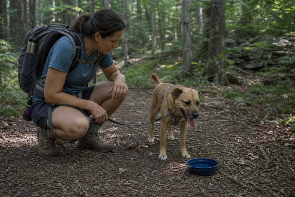 Handler in shade comparing a leashed dog's panting, gait, paw placement, water response, and attention before choosing the shortest return