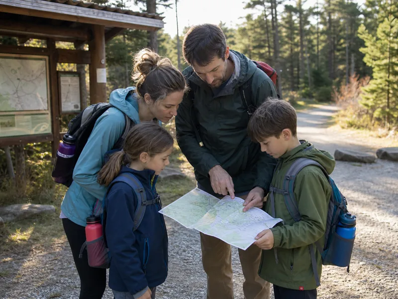 Family choosing a short hiking route with map and small daypacks
