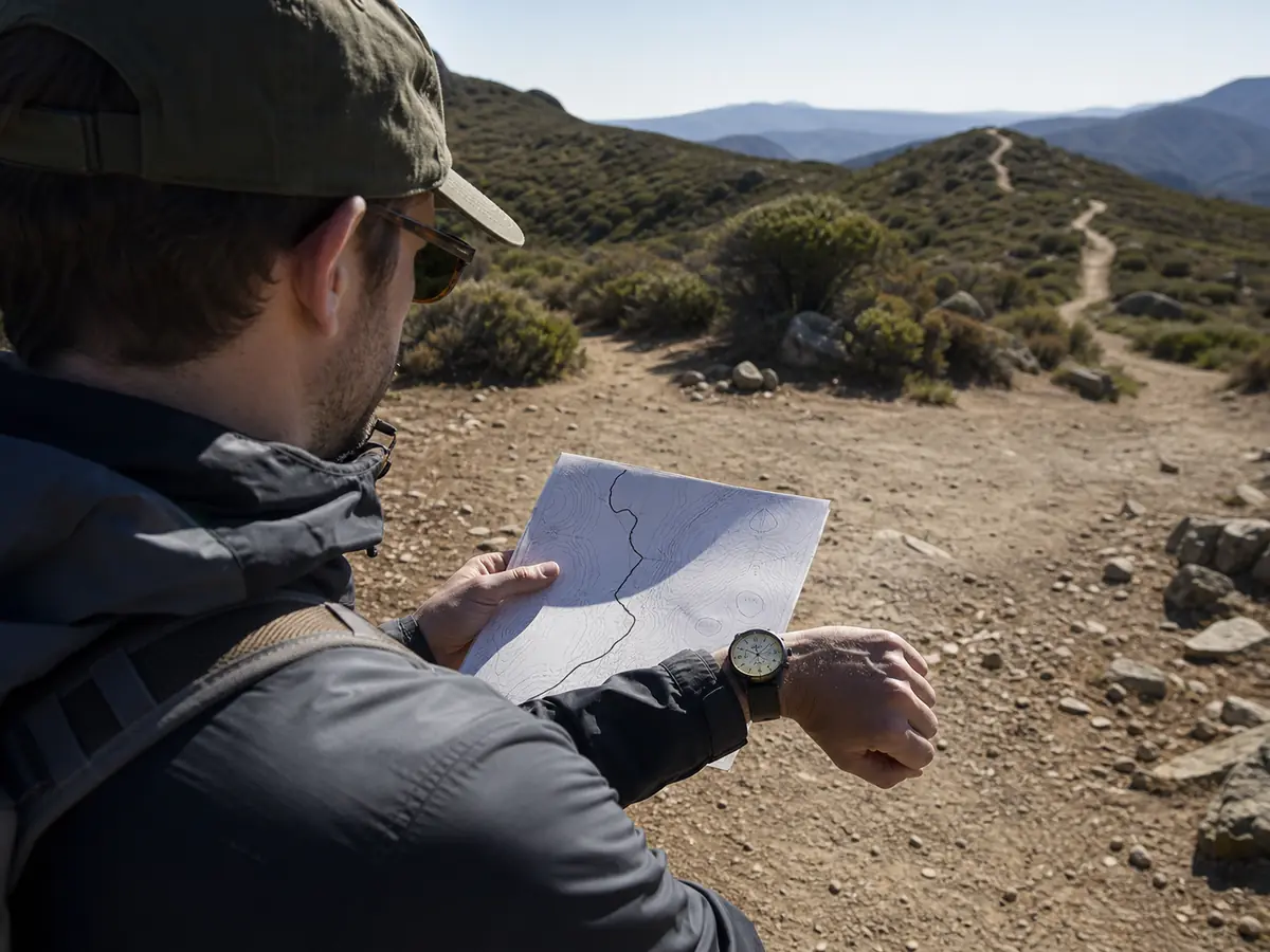 Hiker using a route profile and clock to calculate a turnaround time from the required trailhead finish