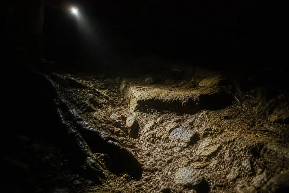 Headlamp beam angled low across a rocky forest trail showing raked shadows on roots and loose stone at night - sunrise and sunset hiking | KnowOutdoor