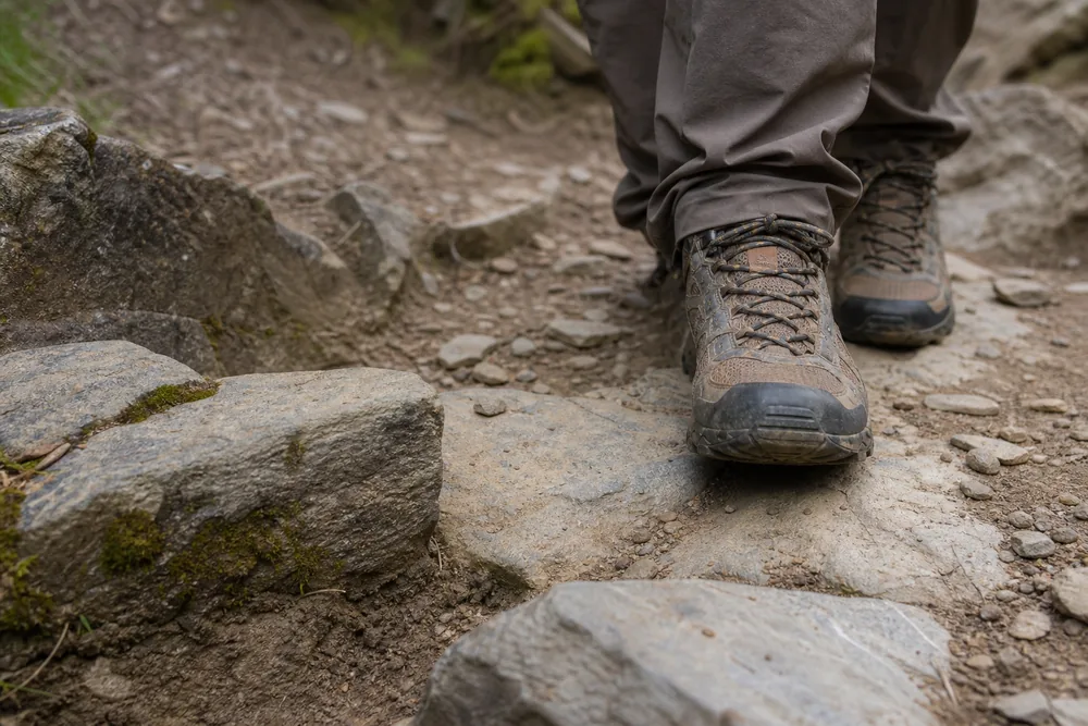 Hiker using short quiet steps and forward line choice on a controlled rocky descent