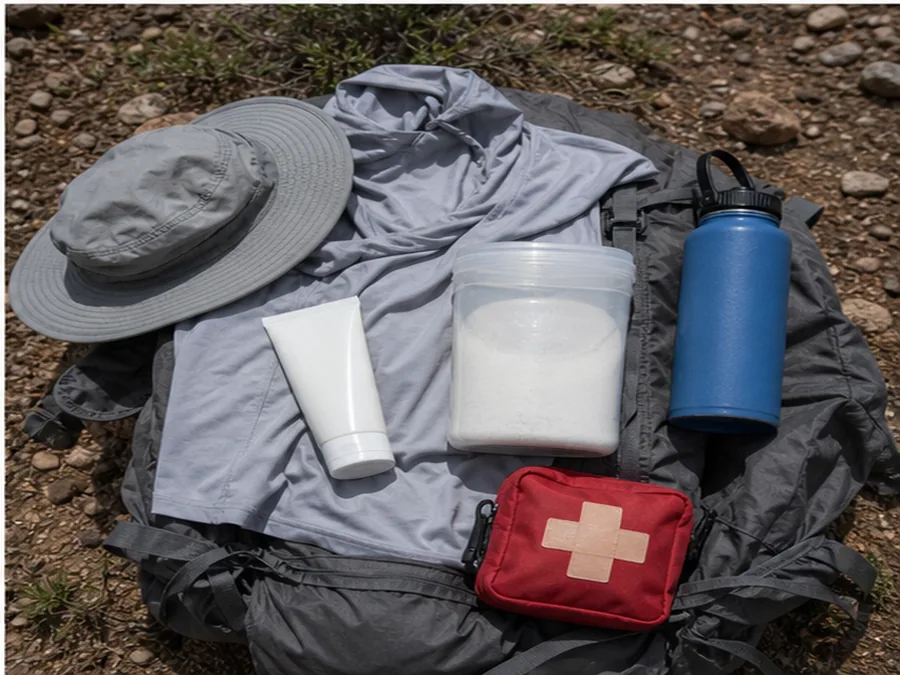 Hot weather hiking kit with sun shirt hat water sunscreen and first aid - how to hike in hot weather | KnowOutdoor