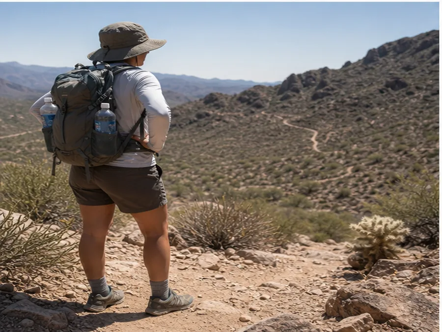Hiker checking an exposed hot trail before turning around - how to hike in hot weather | KnowOutdoor