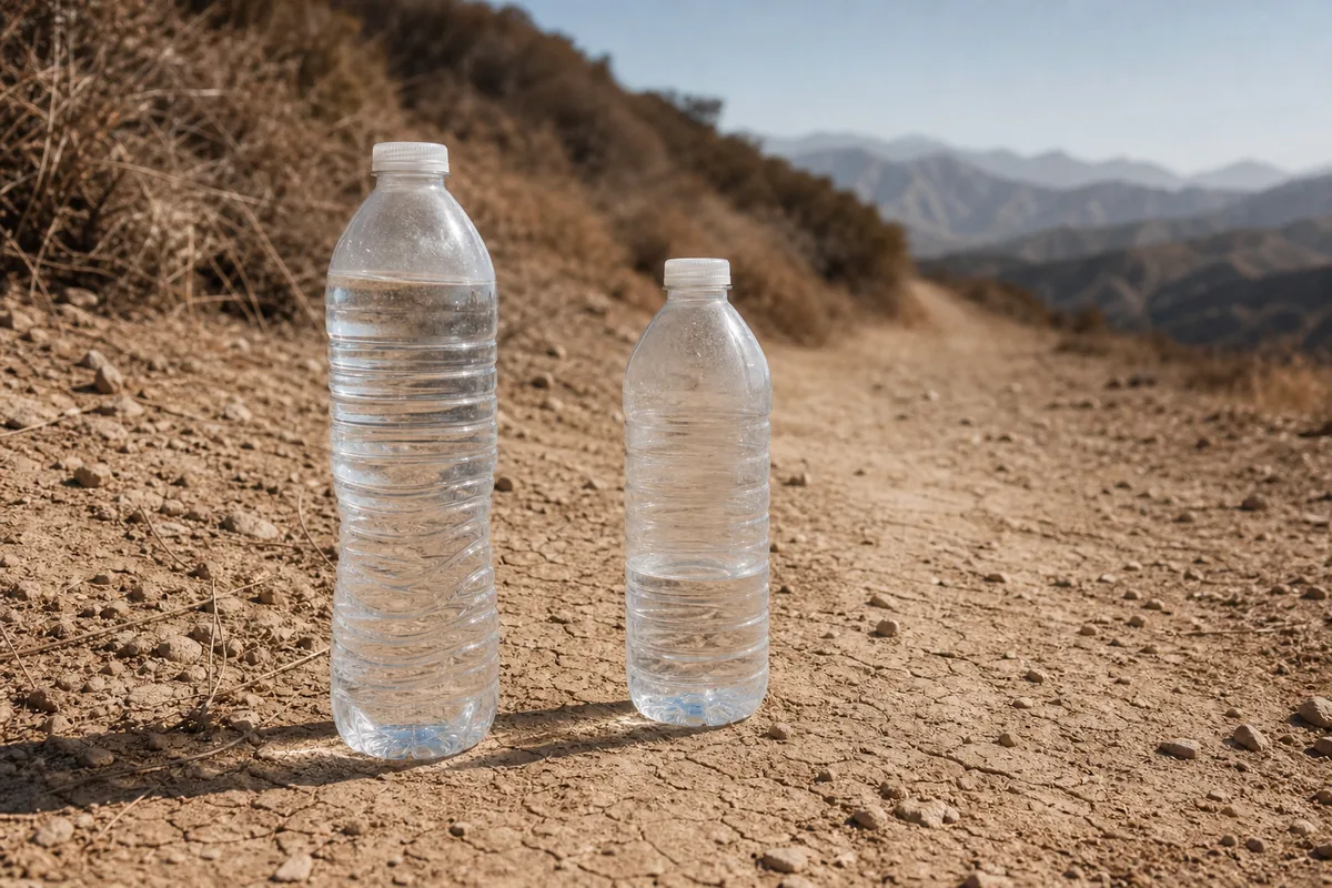 Two water bottles at different levels on a hot dusty trail, one kept as reserve - Heat turnaround margin | KnowOutdoor