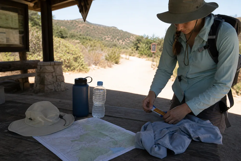 Hot-weather hiking trailhead check with sun hat, water, map, and shade