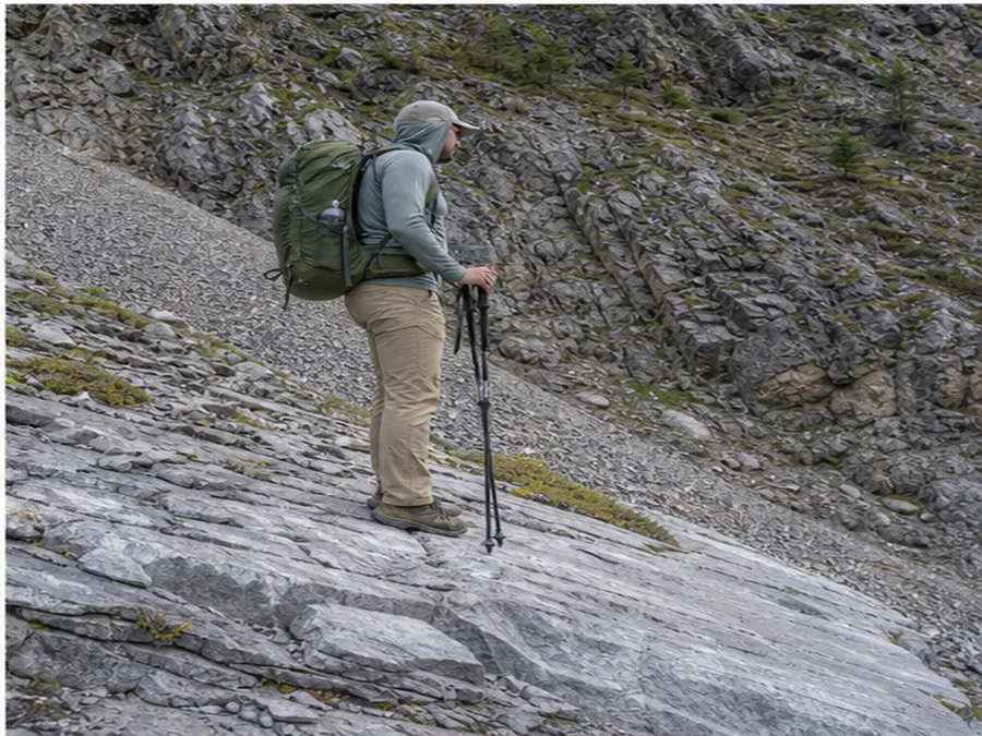 Hiker resting on solid rock beside a loose scree slope before continuing - how to hike on scree and loose rock | KnowOutdoor