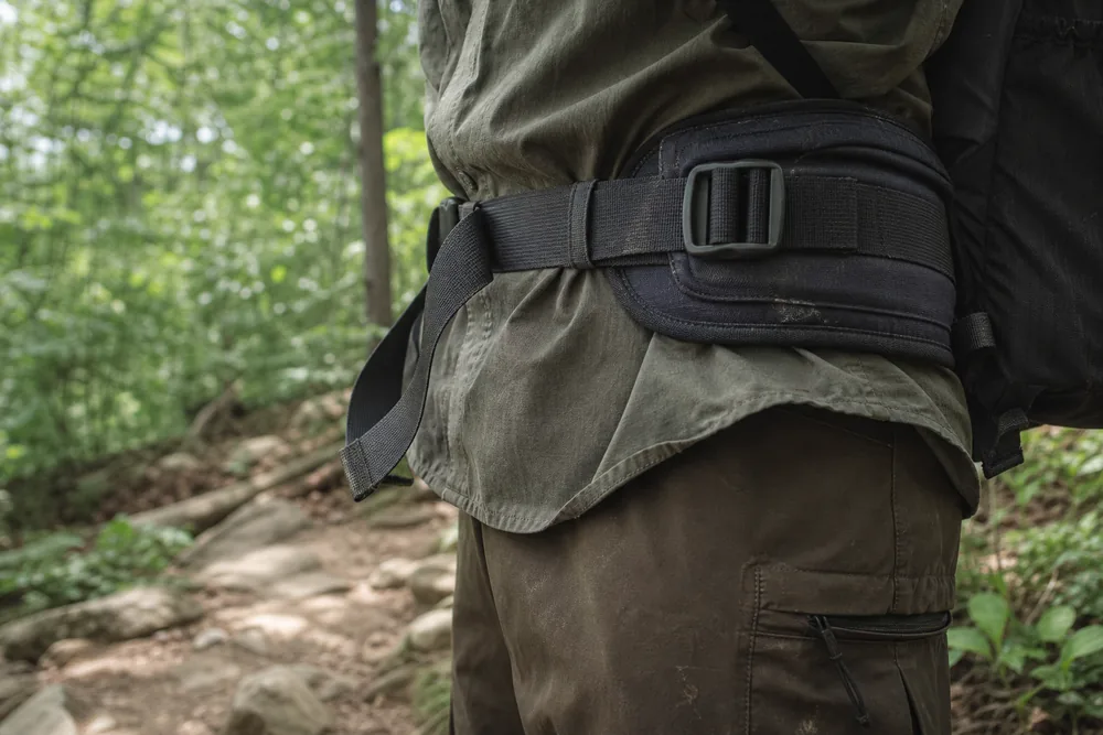 Loaded backpack hipbelt buckled over a shirt hem and trouser waistband on a hiker standing on a forest trail - hiking chafing prevention | KnowOutdoor