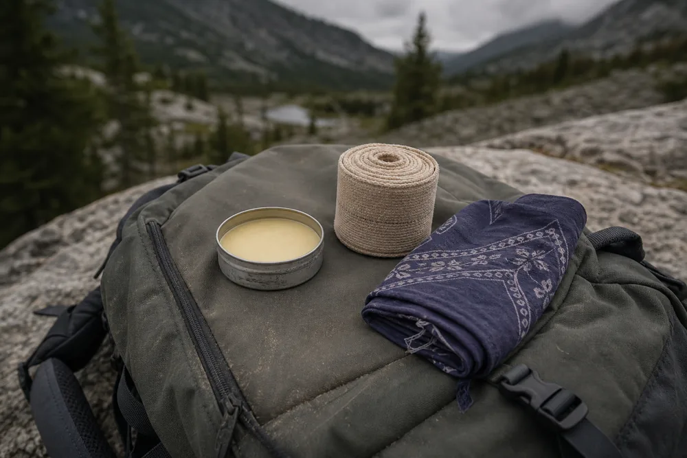 Anti-chafe balm tin, rolled cloth tape and a folded bandana laid out on a backpack lid on a granite boulder - hiking chafing prevention | KnowOutdoor