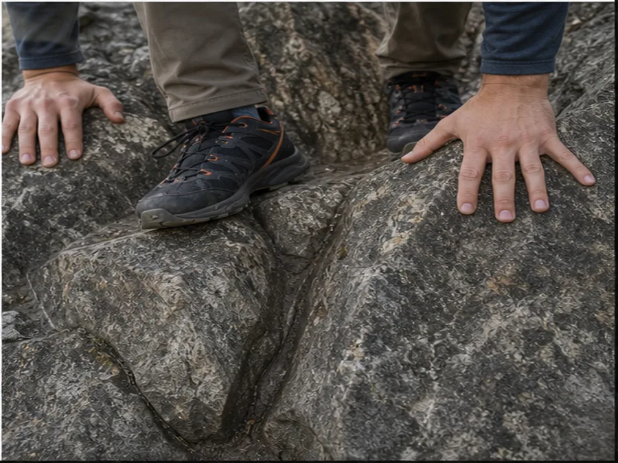 Close view of shoes and hands on stable rough rock holds - how to scramble on rocky terrain | KnowOutdoor