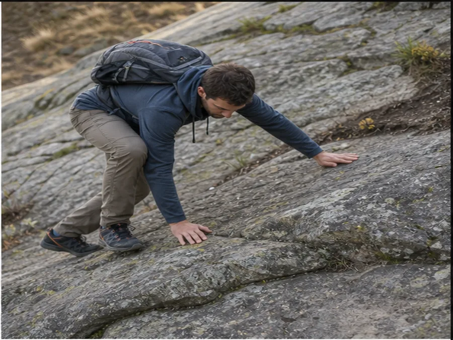 Hiker using three points of contact on low angled rock - how to scramble on rocky terrain | KnowOutdoor