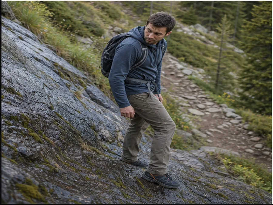 Hiker turning around near a wet rocky slab with safer trail behind - how to scramble on rocky terrain | KnowOutdoor