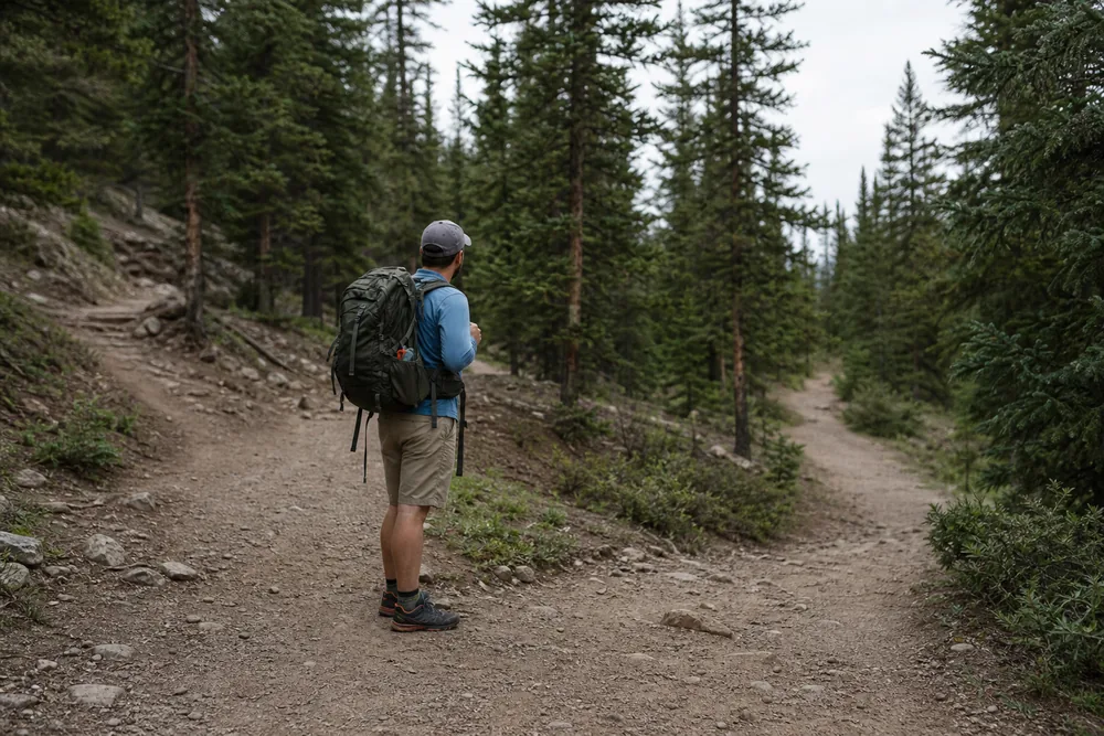 Hiker choosing an easier recovery walk at a trail junction