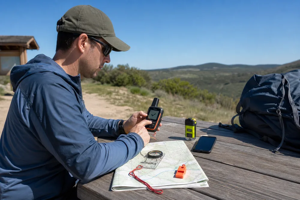 Solo hiker testing a phone, satellite messenger, paper map, compass, and whistle before choosing a remote route